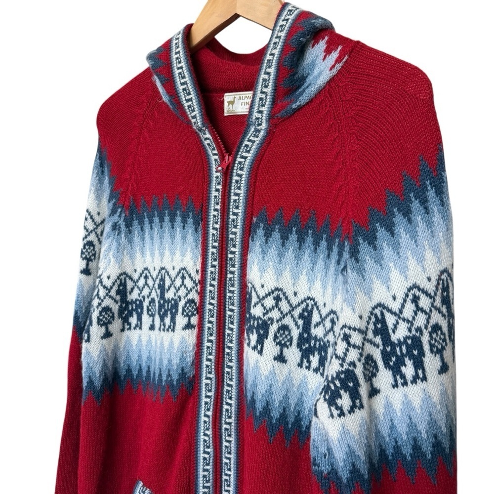Alpaca Peru Cardigan Sweater Red & Blue Knit Hood Full Zip Pockets Winter Warm